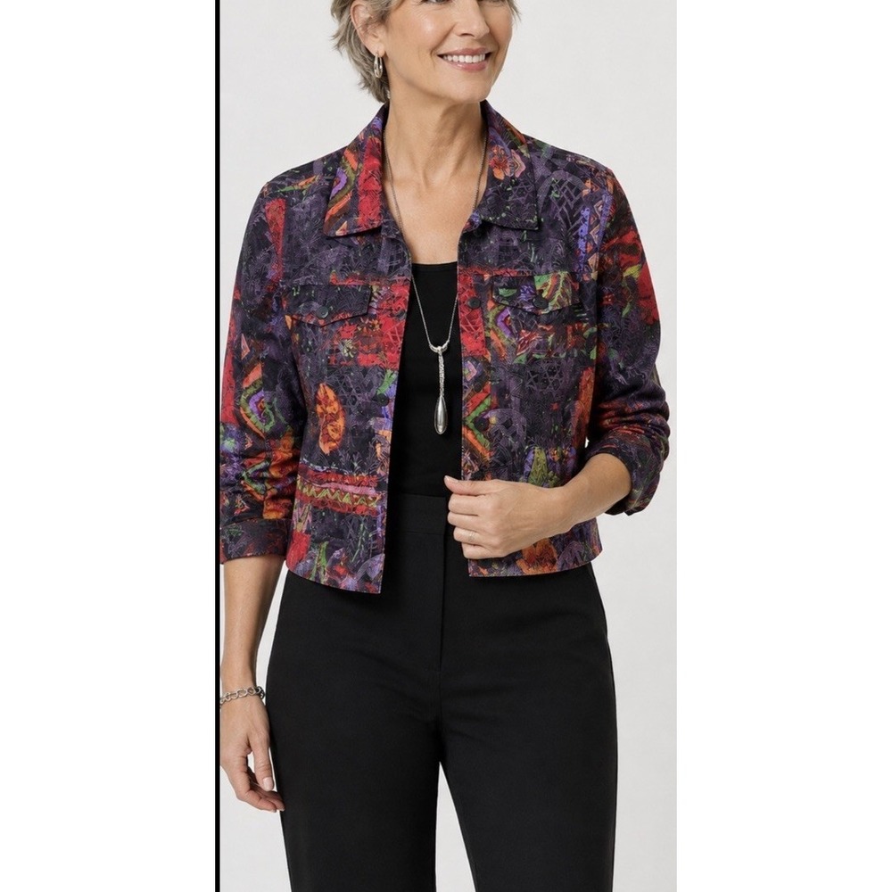 Chico's Floral Linen Silk Blend Jacket Art To Wear Avant Garde Textured Sz 0 S